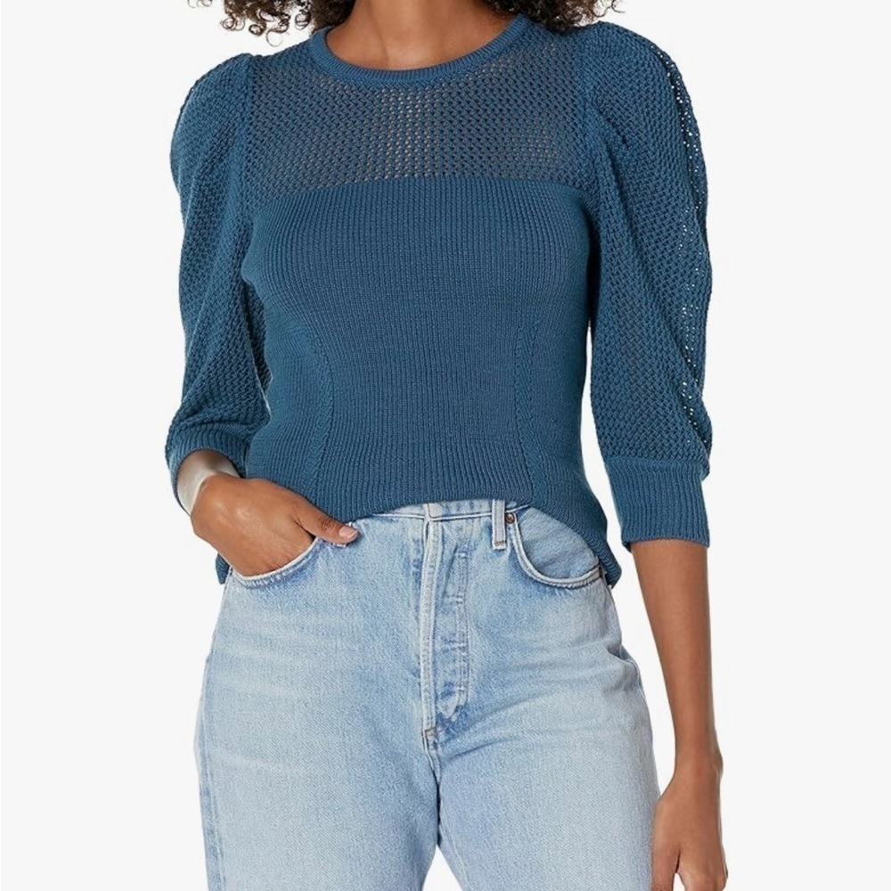 NWT Joie Women's Margaux Sweater in Indian Teal Size XXS Crochet Puff - Sleeve‍﻿